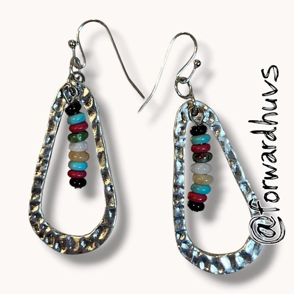 2 Pair Hammered Silver Tone Beaded Teardrop Dangle Earrings